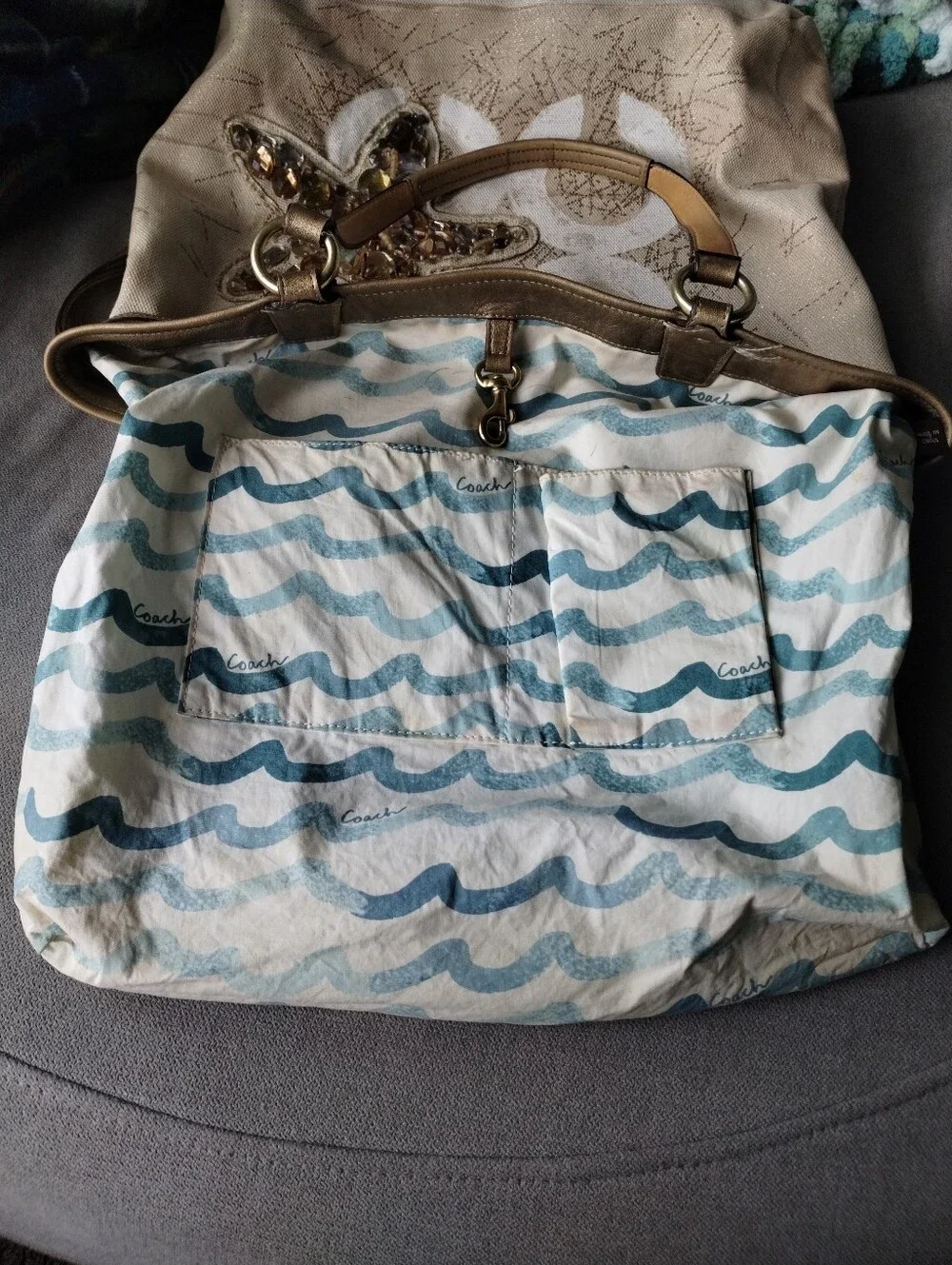Coach Limited Edition Audrey Canvas Leigh Embellished Gold Starfish Tote Vintage
